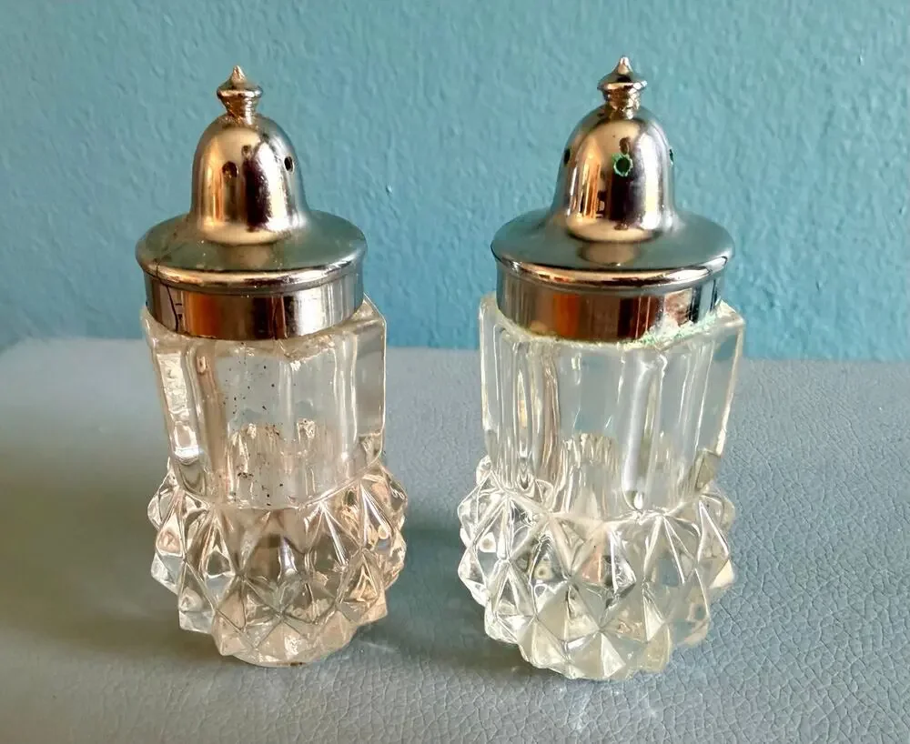 Vintage Cut Glass Crystal Salt Pepper Shakers Pair Diamond Point Chrome Tops